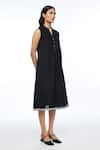 Payal Pratap_Black Linen Split V-neck Cymosa Yoke Pleated Midi Dress _Online_at_Aza_Fashions