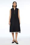 Buy_Payal Pratap_Black Linen Split V-neck Cymosa Yoke Pleated Midi Dress _Online_at_Aza_Fashions