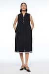 Shop_Payal Pratap_Black Linen Split V-neck Cymosa Yoke Pleated Midi Dress _Online_at_Aza_Fashions