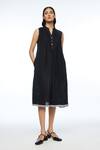 Payal Pratap_Black Linen Split V-neck Cymosa Yoke Pleated Midi Dress _at_Aza_Fashions