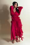 Buy_Style Junkiie_Pink Chiffon, Chinon Ruffles Hot Strawberry Cascade Skirt _Online_at_Aza_Fashions