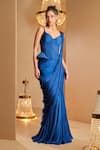 Buy_K&A By Karishma and Ashita_Blue Satin Sweetheart Neck Pre-draped Saree And Corset Set _at_Aza_Fashions