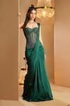 Buy_K&A By Karishma and Ashita_Green Satin, Net Beads Sweetheart Neck Bottle Pre-draped Saree And Corset Set _at_Aza_Fashions