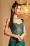 K&A By Karishma and Ashita_Green Satin, Net Beads Sweetheart Neck Bottle Pre-draped Saree And Corset Set _Online_at_Aza_Fashions