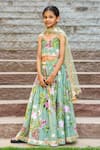 Buy_YUVRAANI JAIPUR_Green Chanderi, Cotton, Net Embroidery Mint Printed Lehenga Set _Online_at_Aza_Fashions