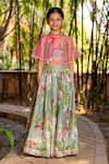 Shop_YUVRAANI JAIPUR_Green Chanderi, Cotton, Net Mint Printed Lehenga With Cape _at_Aza_Fashions