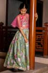 Buy_YUVRAANI JAIPUR_Green Chanderi, Cotton, Net Mint Printed Lehenga With Cape _Online_at_Aza_Fashions