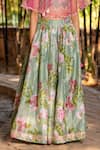 Shop_YUVRAANI JAIPUR_Green Chanderi, Cotton, Net Mint Printed Lehenga With Cape _Online_at_Aza_Fashions