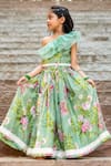 YUVRAANI JAIPUR_Green Chanderi, Cotton Embroidery, Beads Mint Printed One Shoulder Lehenga Set _Online_at_Aza_Fashions