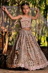 Buy_YUVRAANI JAIPUR_Gray Muslin, Cotton, Net Embroidery Floral Printed Lehenga Set For Girls 