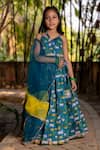 Buy_YUVRAANI JAIPUR_Blue Chanderi, Cotton, Net Teal Printed Lehenga Set _at_Aza_Fashions