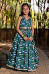Shop_YUVRAANI JAIPUR_Blue Chanderi, Cotton, Net Teal Printed Lehenga Set _Online_at_Aza_Fashions