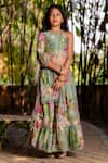 Buy_YUVRAANI JAIPUR_Green Chanderi, Cotton Tassels Mint Printed One Shoulder Lehenga Set _at_Aza_Fashions