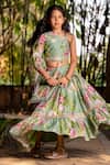 YUVRAANI JAIPUR_Green Chanderi, Cotton Tassels Mint Printed One Shoulder Lehenga Set _at_Aza_Fashions