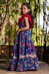 Shop_YUVRAANI JAIPUR_Blue Chanderi, Cotton, Net Printed Lehenga Set For Girls _Online_at_Aza_Fashions