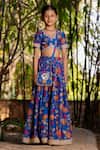 YUVRAANI JAIPUR_Blue Chanderi, Cotton, Net Tassels, Embroidery Printed Lehenga Set For Girls _Online_at_Aza_Fashions