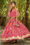 Shop_YUVRAANI JAIPUR_Pink Chanderi, Cotton, Net Tassels, Multi-coloured Printed Lehenga With Cape _at_Aza_Fashions