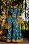 Shop_YUVRAANI JAIPUR_Blue Chanderi, Cotton, Net Lace Teal Printed Lehenga Set _at_Aza_Fashions