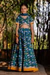 YUVRAANI JAIPUR_Blue Chanderi, Cotton, Net Lace Teal Printed Lehenga Set _Online_at_Aza_Fashions