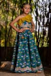 Buy_YUVRAANI JAIPUR_Blue Chanderi, Cotton Embroidery, Sequins Teal One Shoulder Lehenga Set _at_Aza_Fashions
