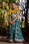 YUVRAANI JAIPUR_Blue Chanderi, Cotton Embroidery, Sequins Teal One Shoulder Lehenga Set _Online_at_Aza_Fashions