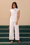 Buy_Savaaya_White Linen Embroidery Mandarin Collar Designer Pant Set _at_Aza_Fashions