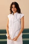 Shop_Savaaya_White Linen Embroidery Mandarin Collar Designer Pant Set _Online_at_Aza_Fashions