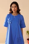 Savaaya_Blue Poplin Fabric Flowers Round Neck Velvet Dress _Online_at_Aza_Fashions