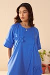 Buy_Savaaya_Blue Poplin Fabric Flowers Round Neck Velvet Dress _Online_at_Aza_Fashions