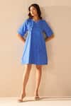 Buy_Savaaya_Blue Poplin Fabric Flowers Round Neck Velvet Dress _at_Aza_Fashions