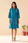 Savaaya_Teal Poplin Embroidery Collared Blue Designer Fern Dress _Online_at_Aza_Fashions
