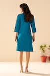 Shop_Savaaya_Teal Poplin Embroidery Collared Blue Designer Fern Dress _at_Aza_Fashions