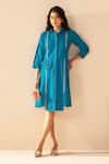Buy_Savaaya_Teal Poplin Embroidery Collared Blue Designer Fern Dress _at_Aza_Fashions
