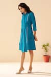 Savaaya_Teal Poplin Embroidery Collared Blue Designer Fern Dress _at_Aza_Fashions
