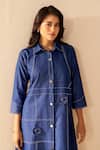 Buy_Savaaya_Blue Denim Embroidery Collared Elysian Midi Dress _Online_at_Aza_Fashions