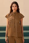 Buy_Savaaya_Brown Poplin Embroidery Mandarin Collar Flora Pant Set _Online_at_Aza_Fashions