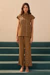 Savaaya_Brown Poplin Embroidery Mandarin Collar Flora Pant Set _at_Aza_Fashions