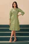 Savaaya_Green Poplin Collared Designer Midi Dress _at_Aza_Fashions