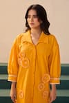 Savaaya_Yellow Poplin Fabric Flowers Collared Designer Midi Dress _Online_at_Aza_Fashions
