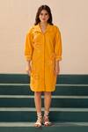 Shop_Savaaya_Yellow Poplin Fabric Flowers Collared Designer Midi Dress _Online_at_Aza_Fashions