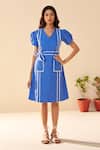 Buy_Savaaya_Blue Poplin V-neck Azure Midi Dress With Belt _at_Aza_Fashions