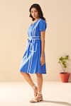 Savaaya_Blue Poplin V-neck Azure Midi Dress With Belt _Online_at_Aza_Fashions