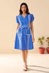 Buy_Savaaya_Blue Poplin V-neck Azure Midi Dress With Belt _Online_at_Aza_Fashions