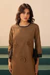 Buy_Savaaya_Brown Poplin Fabric Flowers Round Neck Designer Midi Dress _Online_at_Aza_Fashions