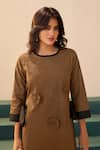 Savaaya_Brown Poplin Fabric Flowers Round Neck Designer Midi Dress _at_Aza_Fashions