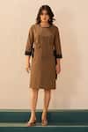 Buy_Savaaya_Brown Poplin Fabric Flowers Round Neck Designer Midi Dress _at_Aza_Fashions