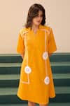 Savaaya_Yellow Poplin Embroidery V-neck Marigold Short Dress _Online_at_Aza_Fashions