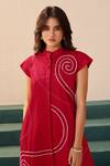 Shop_Savaaya_Red Poplin Embroidery Collared Rosette Dress _Online_at_Aza_Fashions
