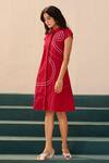 Savaaya_Red Poplin Embroidery Collared Rosette Dress _at_Aza_Fashions