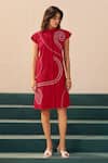 Buy_Savaaya_Red Poplin Embroidery Collared Rosette Dress _at_Aza_Fashions